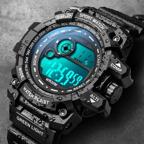 Men Digital Sports Watch Waterproof Shockproof Backlight Resin Case Plastic Strap Outdoor Electronic Wristwatch For Boys