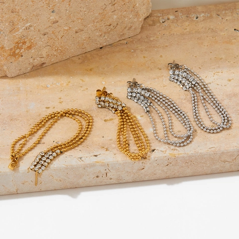 Boucles D'oreilles Longues À Pampilles En Acier Inoxydable Strass Élégant Fête Mariage Mode Femmes