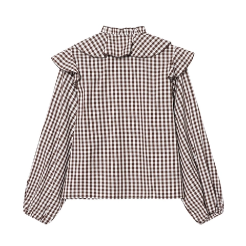 Karierte Bluse Rüschenkragen Bindeband Langarm Polyester Gingham Oberteil Für Damen Retro Casual Elegant