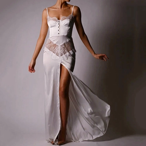 Satin Spitze Patchwork Spaghettiträger Maxikleid Sexy Hoher Schlitz Rückenfrei Französischer Stil Elegant Party
