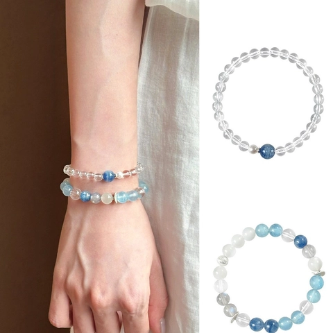 Bergkristall Perlenarmband Für Damen Mit Blauer Künstlicher Perle Mode Einfacher Elastischer Handschmuck Geschenk
