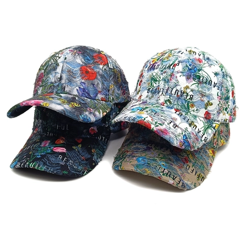 Cappello Da Baseball Distressed Stampa Floreale Vintage Bordi Sfilacciati Regolabile Stile Denim Cappello Sole Donna Uomo