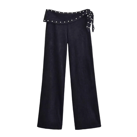 Dames Wijde Pijpen Broek Imitatiesuède Hoge Taille Klinknagels Decoratie Omslagband Zijstrik Lange Broek Casual Zwart