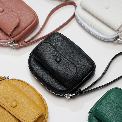 Women Mini Coin Purse PU Leather Litchi Pattern Short Wallet With Wrist Strap Zipper Pocket Front Flap Card Holder