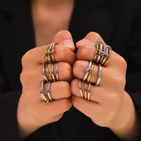 Ineinandergreifende Rollringe Edelstahl Poliert Mehrkreisig Lagig Minimalistisch Stapelbar Fingerschmuck Damen