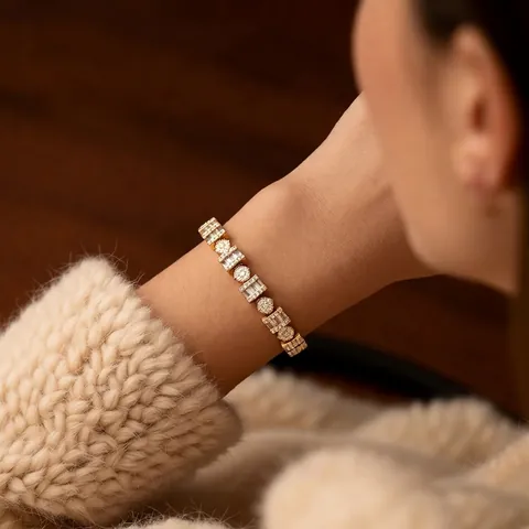 Pulsera Tennis Vintage Cobre Chapado En Oro 18K Zirconia Redonda Rectangular Cierre Plegable Mujeres Elegante
