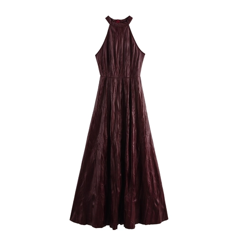 Wine Red Halter Neck PU Leather Maxi Dress Sleeveless High Waist Pleated Streetwear Sexy Back Zipper Elegant Women