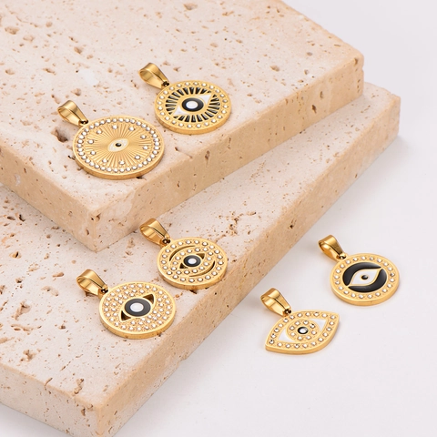 Evil Eye Hanger 304 Roestvrij Staal 18K Verguld Met Strass Ingelegd Emaille Ronde Bedel Sieraden Voor Dames