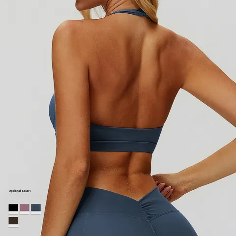 Halter Nek Sport BH Dames V Hals Rugloos Yoga Top Geborstelde Stof Uitneembare Pads Hoge Elasticiteit Fitness Training