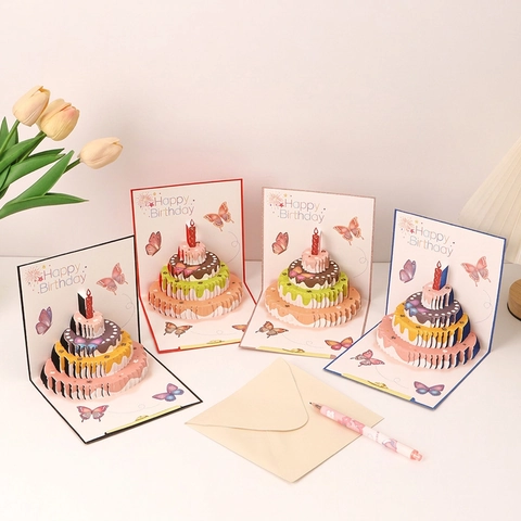 Tarjeta De Cumpleaños 3D Pop Up Papel Hecho A Mano Diseño Pastel Mariposa Tarjeta De Regalo Creativa Para Niños Y Amigos