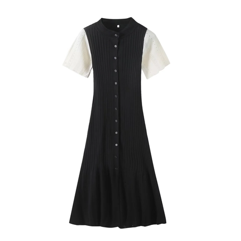Robe Midi d'Été pour Femmes en Tricot Côtelé Manches Courtes Boutonnage Simple Ourlet Ajouré Coupe Ajustée Col Polo