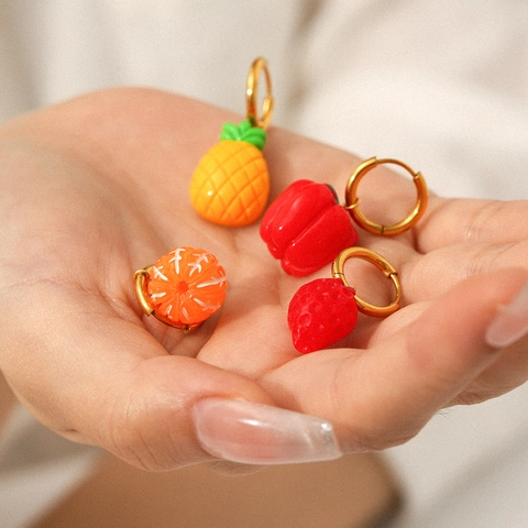Frucht Creolen Edelstahl Vergoldet Ananas Erdbeere Paprika Orange Anhänger Schmuck Wasserdicht Hypoallergen