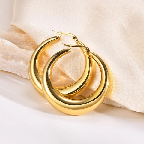 Chunky Hoop Earrings Stainless Steel Hollow Crescent Design High Polished French Vintage Style Jewelry For Women