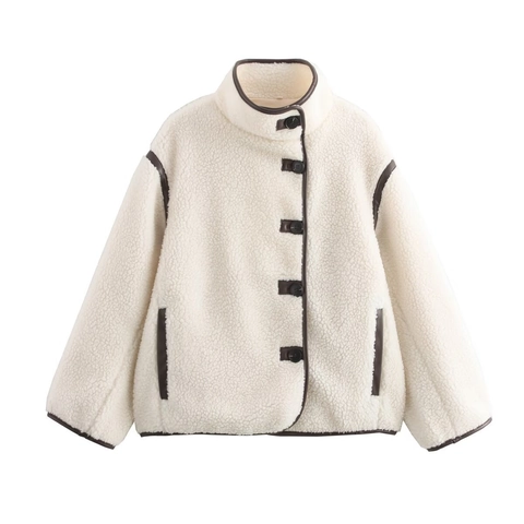Women Fleece Jacket Faux Lamb Wool Coat Stand Collar Single Breasted Contrast PU Leather Trim Casual Loose Outerwear