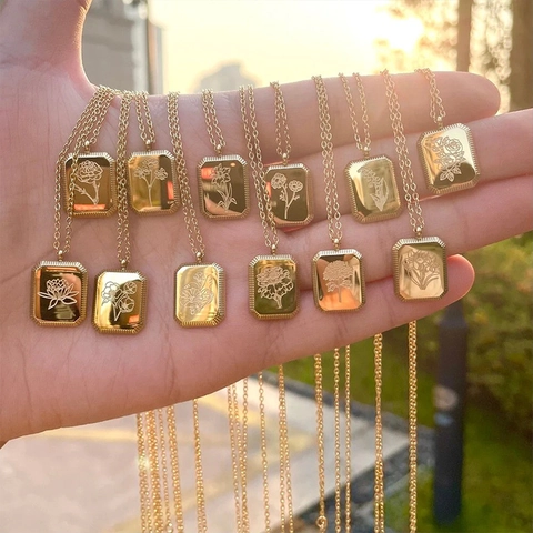Collana Fiore Di Nascita Ciondolo Rettangolare Inciso Acciaio Inossidabile Placcato Oro 18K Gioielli Retro Donna