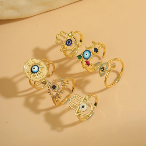 Evil Eye Hamsa Hand Verstellbare Ringe Für Damen Vintage Boho Kupfer Vergoldet Mit Zirkon Emaille Schutz Schmuck