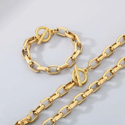 Conjunto De Joyas De Acero Inoxidable Minimalista Para Hombre Collar Y Pulsera De Cadena Geométrica Con Cierre Esposa