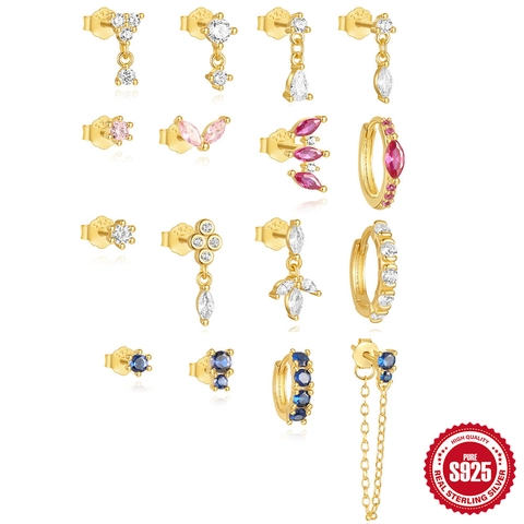 925 Sterling Silver Earring Post For Women Gold Plated Marquise Zircon Hoop Stud Minimalist Trendy Ear Jewelry