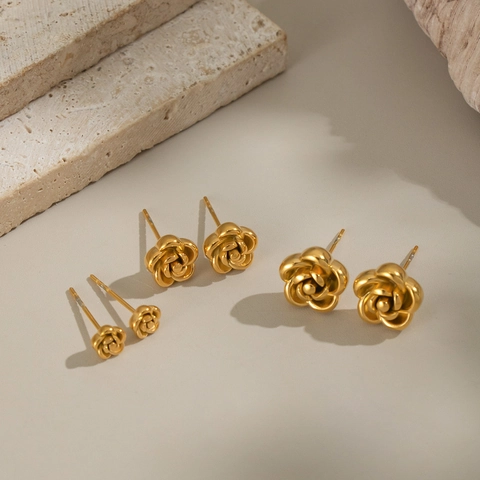 Rose Flower Stud Earrings Gold Plated 304 Stainless Steel Hypoallergenic Waterproof Fashion Elegant Women
