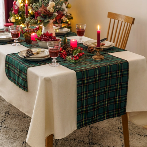 Christmas Green Plaid Table Runner And Placemat Napkin Polyester Tartan Check Holiday Party Dining Table Decoration