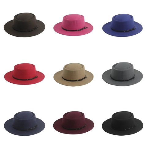 Vintage Felt Boater Hat Solid Color Flat Brim British Style Jazz Hat With Decorative Belt For Men Women Party
