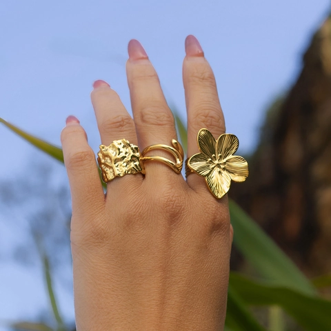 Großer Blumen Statement Ring Unregelmäßige Textur Wellenförmiges Flüssiges Metall Edelstahl Vergoldet Wasserdichter Schmuck Damen