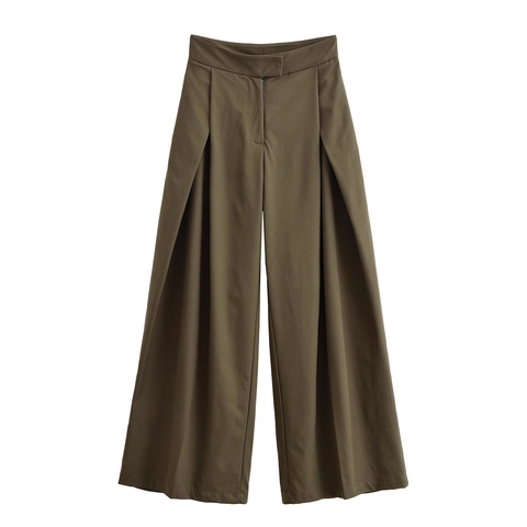 Pantalones De Pierna Ancha De Cintura Alta Poliéster Plisado Fluido Casual Oficina Pantalón Recto Para Mujer Color Sólido