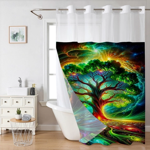 Douchegordijn Levensboom Haakloos Dubbellaags Waterdicht Polyester Surrealistisch Bos Bibliotheek Print Met Afneembare Voering