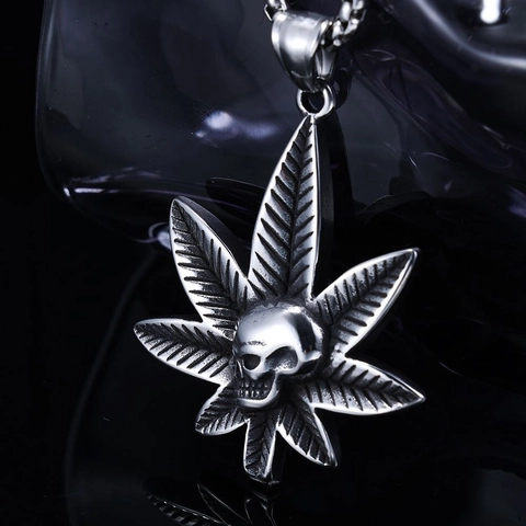 Collana Con Pendente Teschio Foglia Di Cannabis Acciaio Inossidabile Hip Hop Punk Gotico Gioielli Per Uomo Donna Argento Antico