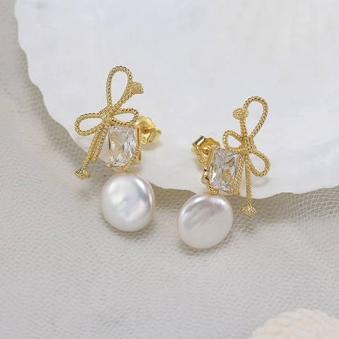 925 Sterling Silver Bowknot Freshwater Pearl Drop Earrings Elegant Rhinestone Inlaid Gold Plated Jewelry For Women Gift