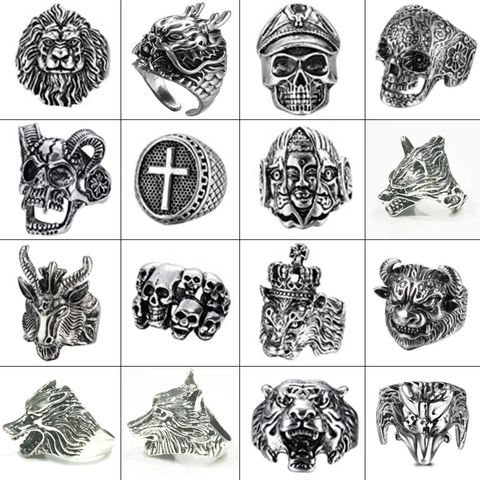 Men Ring Alloy Retro Antique Silver Animal Lion Skull Wolf Head Adjustable Opening Punk Biker Gothic Jewelry