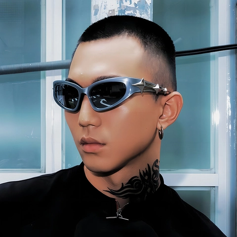 Futuristische Y2K Stern Sonnenbrille Ovaler PC Rahmen UV400 Schutz Metallstern Bügel Dekor Mode Unisex