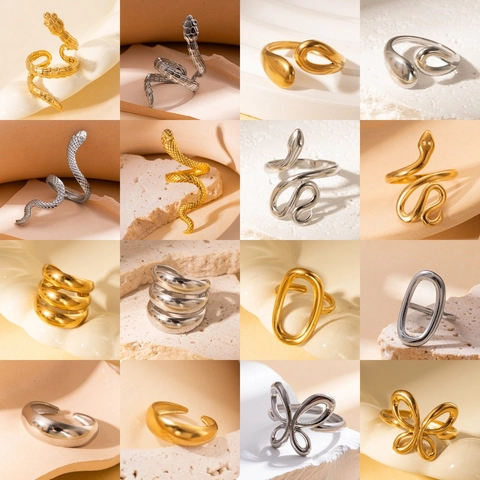 Titanium Steel Open Rings For Women Men Adjustable Minimalist Non-Fading Geometric Heart Snake Leaf Fashion Jewelry