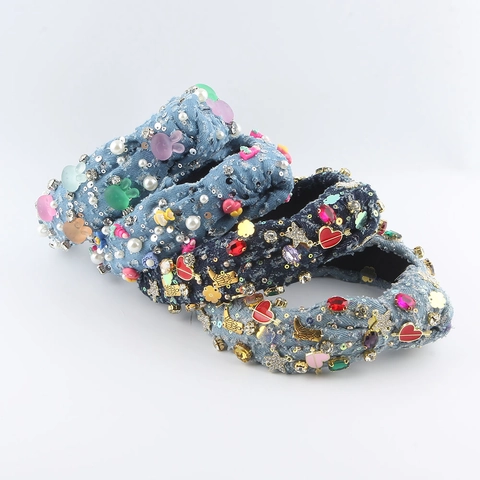 Serre-Tête Noué en Tissu Denim avec Strass pour Femmes Décoration Perle Cœur Lapin Accessoires de Cheveux de Luxe Artisanat Lourd