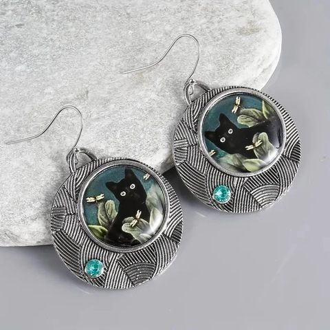 Retro Black Cat Dangle Earrings Antique Silver Alloy Round Glass Cabochon With Blue Rhinestone Bohemian Style For Women