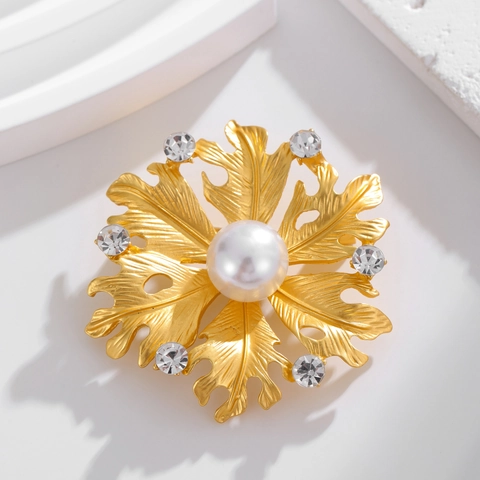 Broche de Flor de Aleación Oro Plata Mate Con Perla Artificial Strass Vintage Elegante Alfiler de Hoja para Mujer Joyería Regalo Accesorio