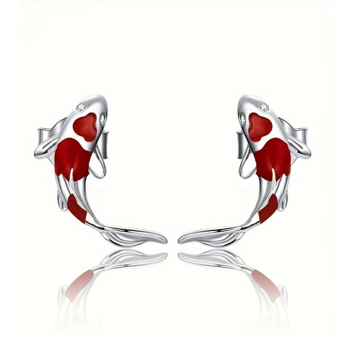 Koi Fish Stud Earrings Copper Red Enamel Sparkling Zircon Animal Shape Lucky Jewelry For Women Elegant