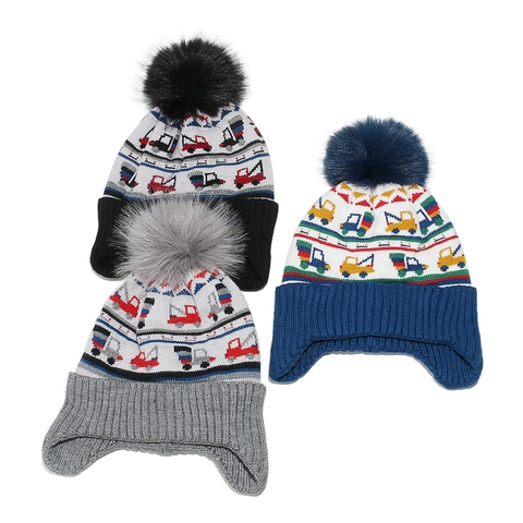 Kids Knitted Earflap Hat Acrylic Warm Winter Construction Vehicle Jacquard Pattern Pom Pom