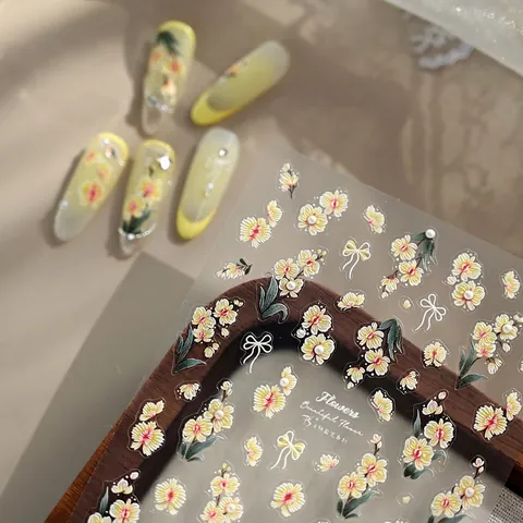 Nail Art Stickers 5D Embossed Yellow Flower And White Bow Elegant Floral Manicure Decor DIY Self Adhesive For Women