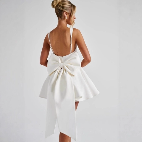 Women Mini Cami Dress Polyester Rayon Square Neck Back Large Bow Sleeveless A-Line Puffy Party Princess Elegant