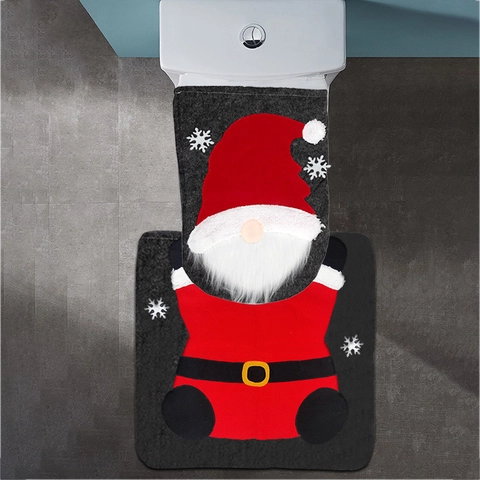 Juego de Funda para Asiento de Inodoro de Gnomo de Navidad Y Alfombra en Forma de U Rojo Gris Patrón de Copos de Nieve Decoración