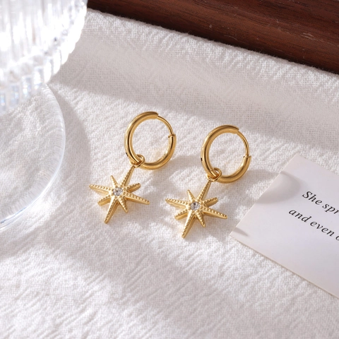 Minimalistische Titanium Staal Noordster Oorringen Voor Dames Achtpuntige Ster Strass Hanger Geometrische Mode Sieraden