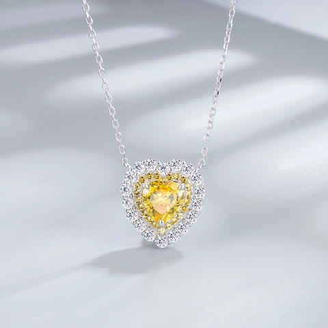 925 Sterling Silver Heart Pendant Necklace For Women Sparkling Rhinestone Inlaid Elegant Fashion Jewelry Pink Yellow Valentine Gift