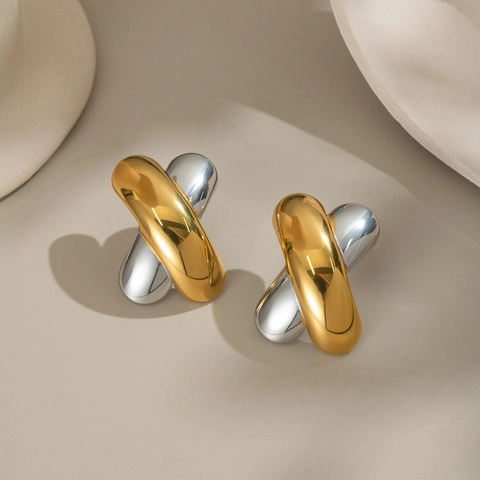 Orecchini A Lobo Croce A X Bicolore Oro Argento Acciaio Inossidabile Placcato Oro 18K Gioielli Geometrici Donne