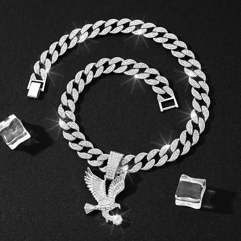 Eagle Pendant Necklace Alloy Rhinestone Encrusted Hip Hop Streetwear Jewelry Cuban Rope Tennis Chain Men Women Gift