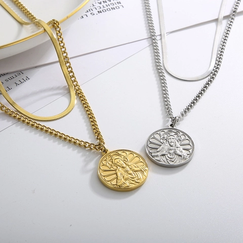 Collana A Strati Acciaio Inossidabile Placcato Oro Pendente Vergine Maria Sacro Cuore Catena Serpente Gioielli Vintage Donna