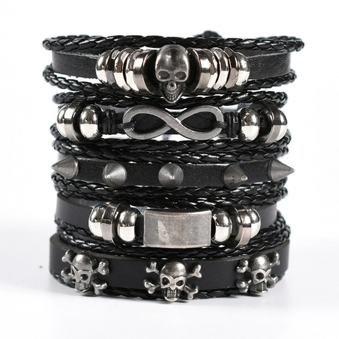 Multi Layer Woven Leather Bracelets With Alloy Skull Wing Charms Retro Punk Bohemian Jewelry For Men Women