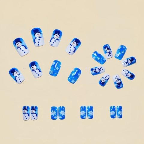 Christmas Press On Nails Blue Gradient Snowman Snowflake Pattern Plastic Square False Nails Women Winter Holiday Party