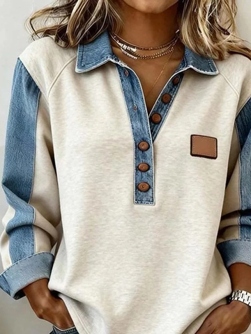 Women Color Block Patchwork Sweatshirt Denim Polo Collar Long Sleeve Loose Pullover Top Polyester Spandex