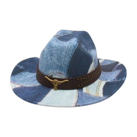 Cappello Da Cowboy Western Retrò Denim Patchwork Cotone Poliestere Con Fascia In Ecopelle Con Borchie E Testa Di Toro